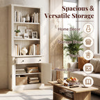 Topfurny 80" Tall Bookcase with Drawer and Doors, Farmhouse Bookshelf