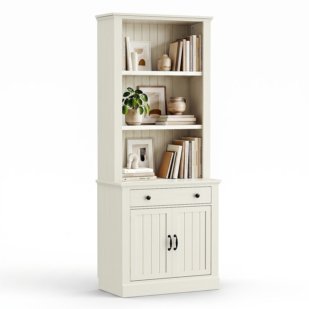 Topfurny 80" Tall Bookcase with Drawer and Doors, Farmhouse Bookshelf