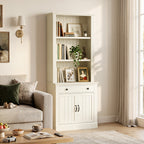 Topfurny 80" Tall Bookcase with Drawer and Doors, Farmhouse Bookshelf