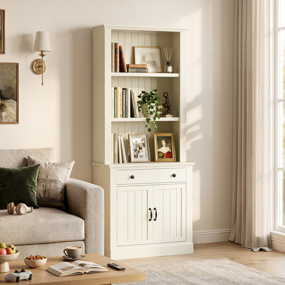 Topfurny 80" Tall Bookcase with Drawer and Doors, Farmhouse Bookshelf