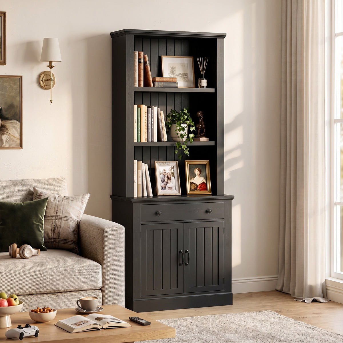 Topfurny 80" Tall Bookcase with Drawer and Doors, Farmhouse Bookshelf