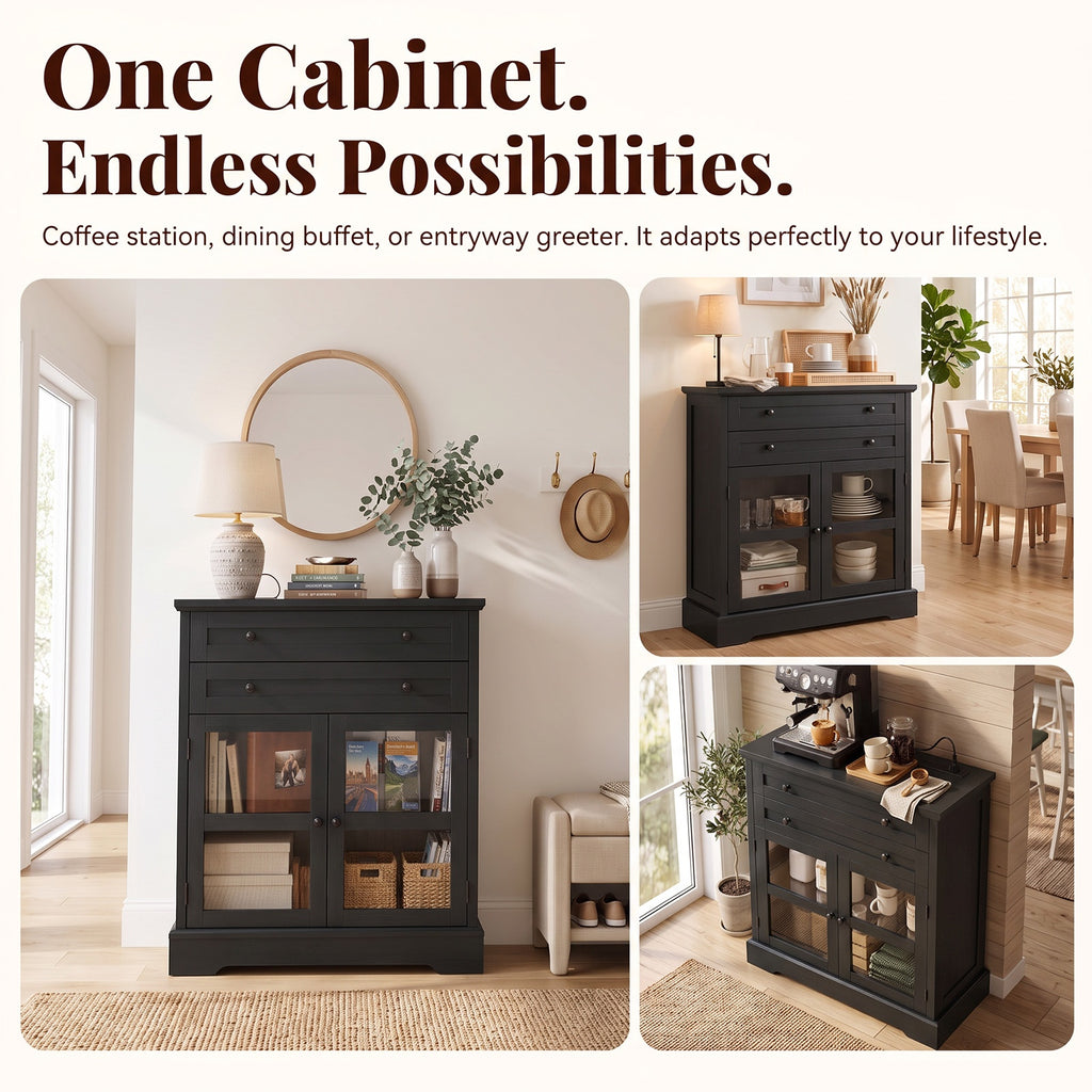 31.5"Storage Cabinet with Glass Doors, Drawers and Power Outlet