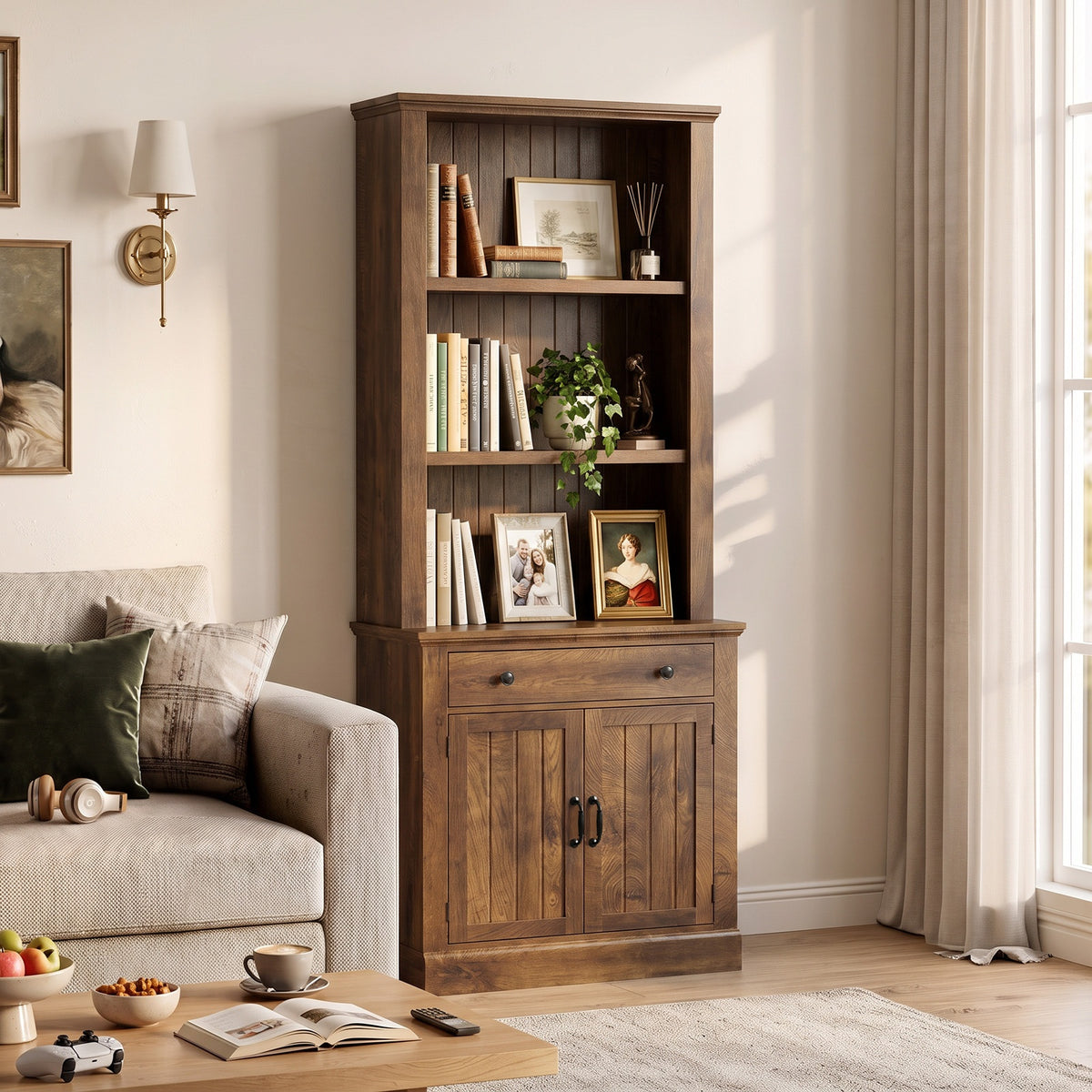 Topfurny 80" Tall Bookcase with Drawer and Doors, Farmhouse Bookshelf