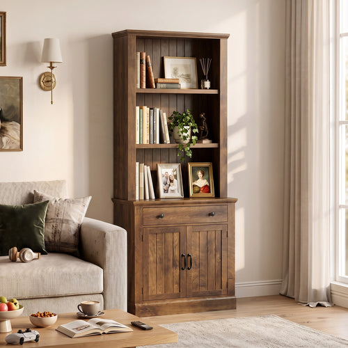 Topfurny 80" Tall Bookcase with Drawer and Doors, Farmhouse Bookshelf
