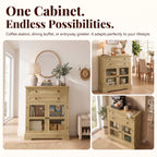 31.5"Storage Cabinet with Glass Doors, Drawers and Power Outlet
