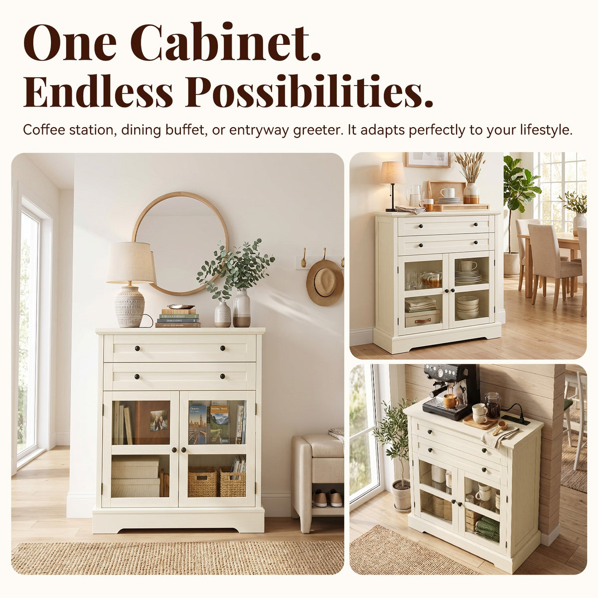 31.5"Storage Cabinet with Glass Doors, Drawers and Power Outlet