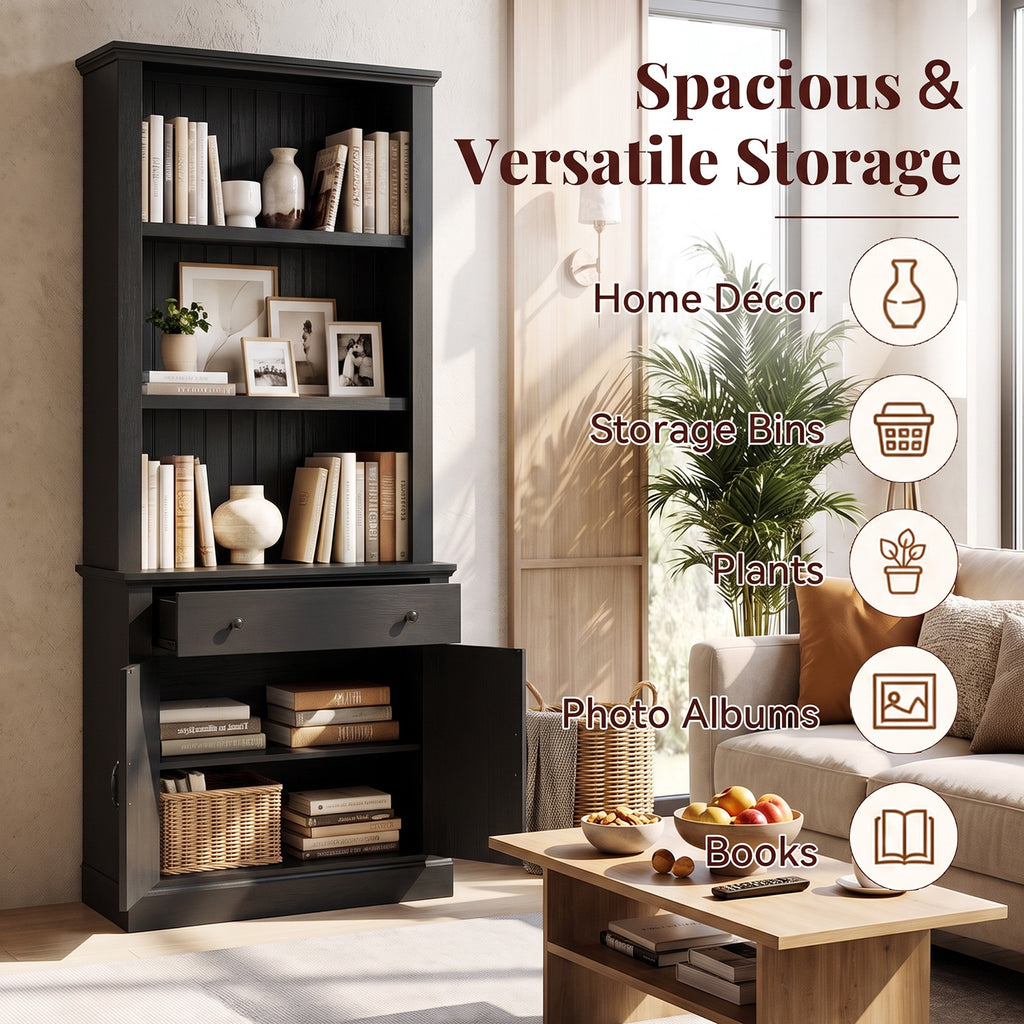 Topfurny 80" Tall Bookcase with Drawer and Doors, Farmhouse Bookshelf