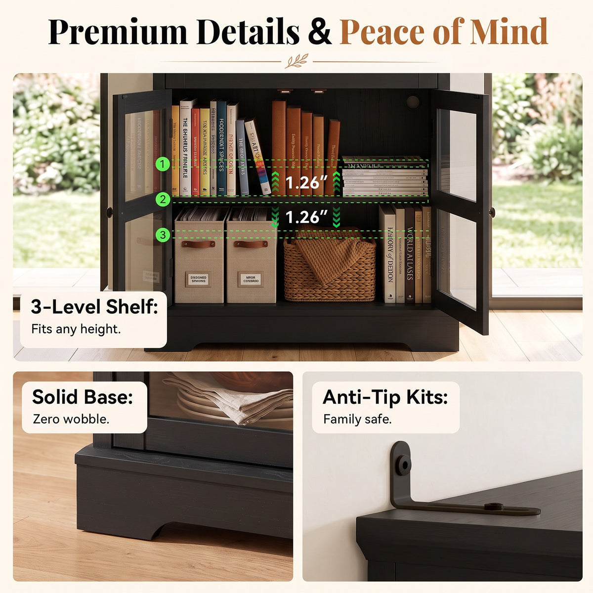 31.5"Storage Cabinet with Glass Doors, Drawers and Power Outlet