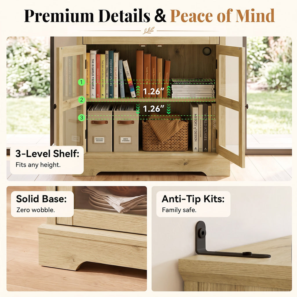 31.5"Storage Cabinet with Glass Doors, Drawers and Power Outlet