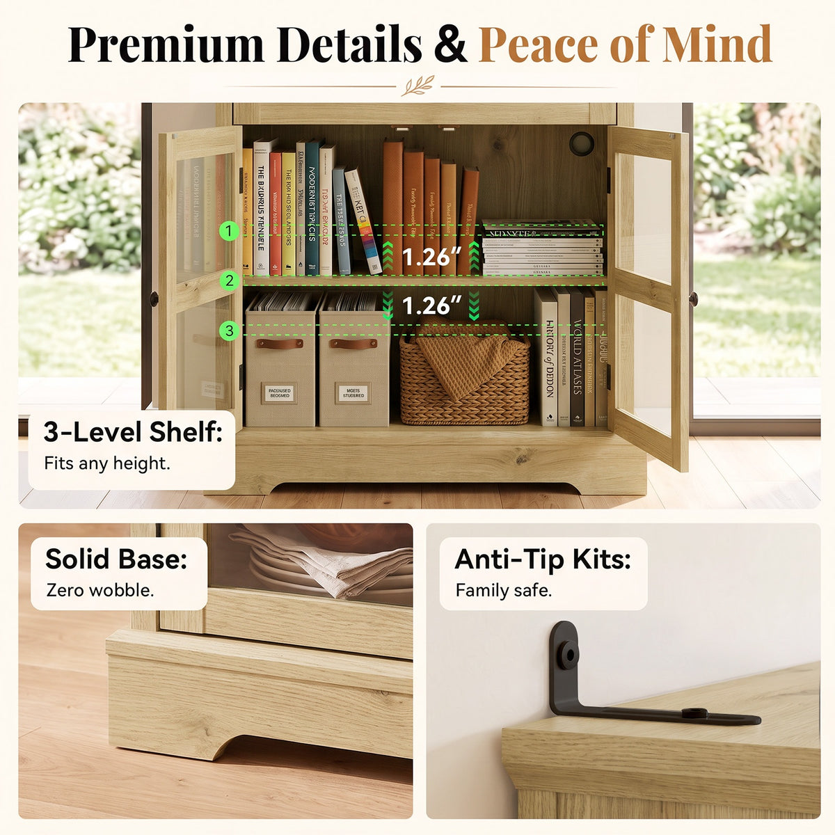 31.5"Storage Cabinet with Glass Doors, Drawers and Power Outlet