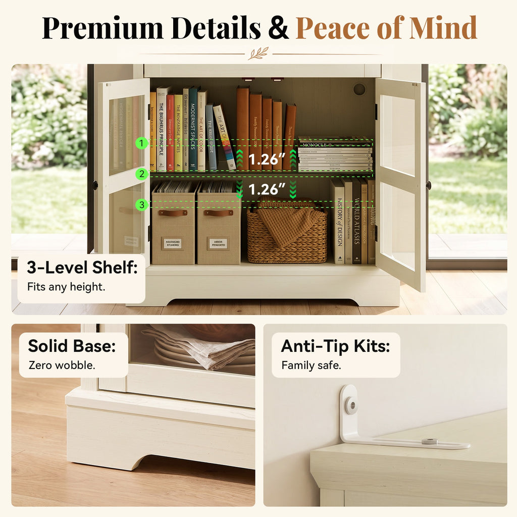31.5"Storage Cabinet with Glass Doors, Drawers and Power Outlet