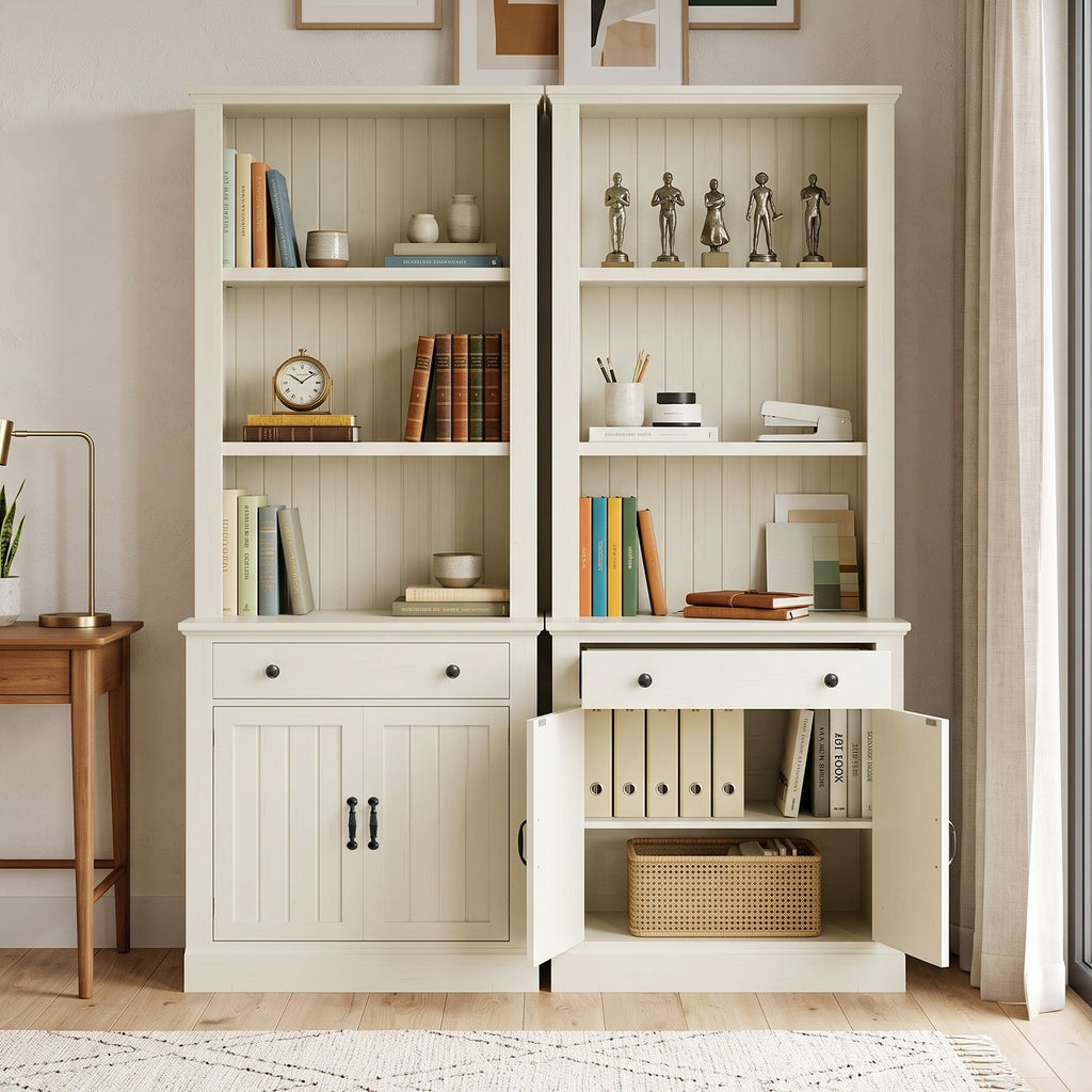 Topfurny 80" Tall Bookcase with Drawer and Doors, Farmhouse Bookshelf