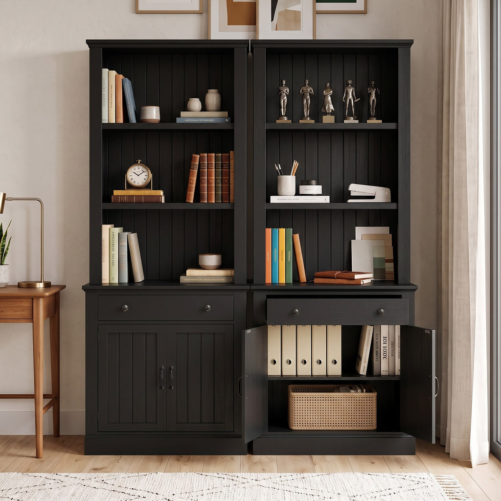Topfurny 80" Tall Bookcase with Drawer and Doors, Farmhouse Bookshelf