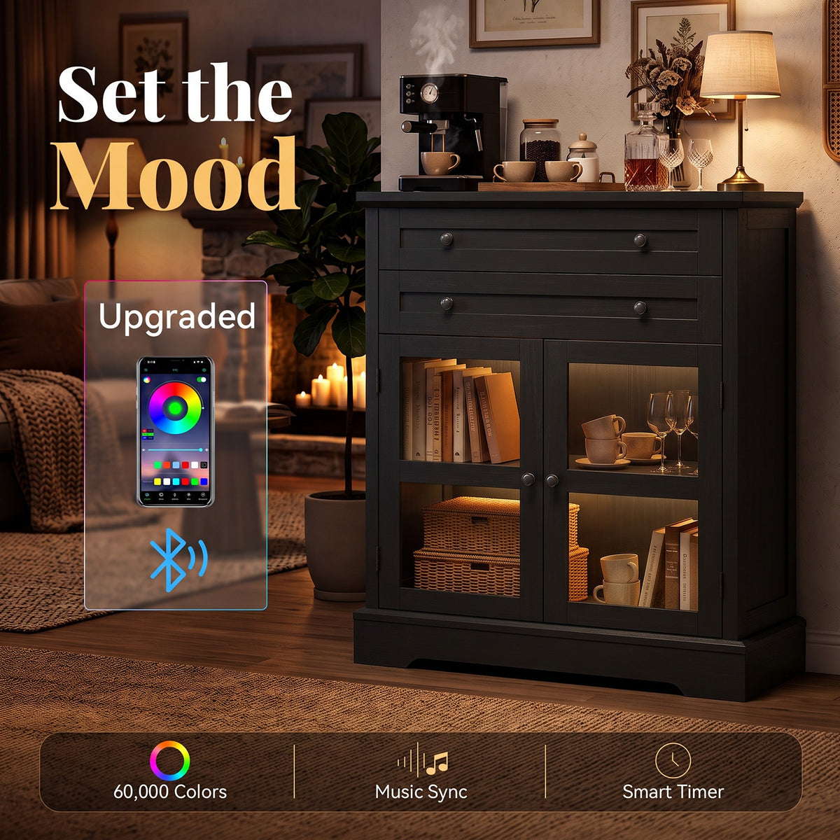 31.5"Storage Cabinet with Glass Doors, Drawers and Power Outlet