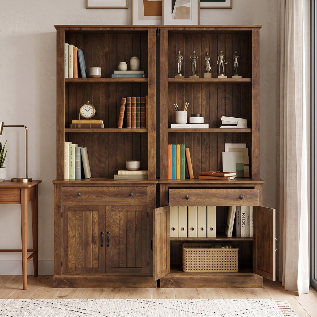 Topfurny 80" Tall Bookcase with Drawer and Doors, Farmhouse Bookshelf