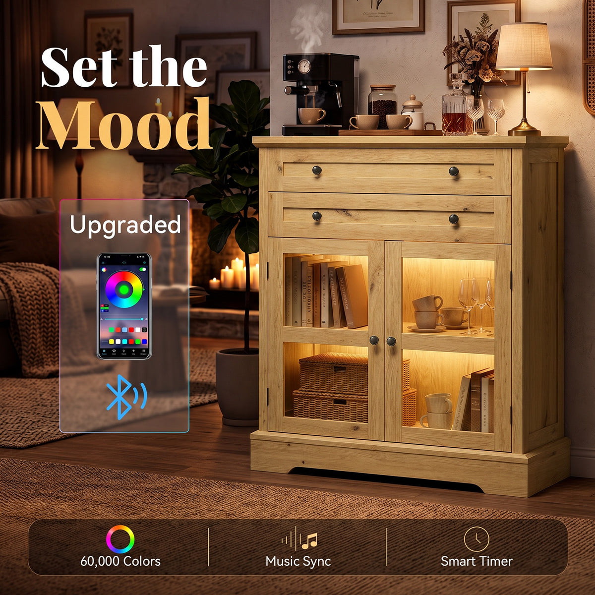 31.5"Storage Cabinet with Glass Doors, Drawers and Power Outlet