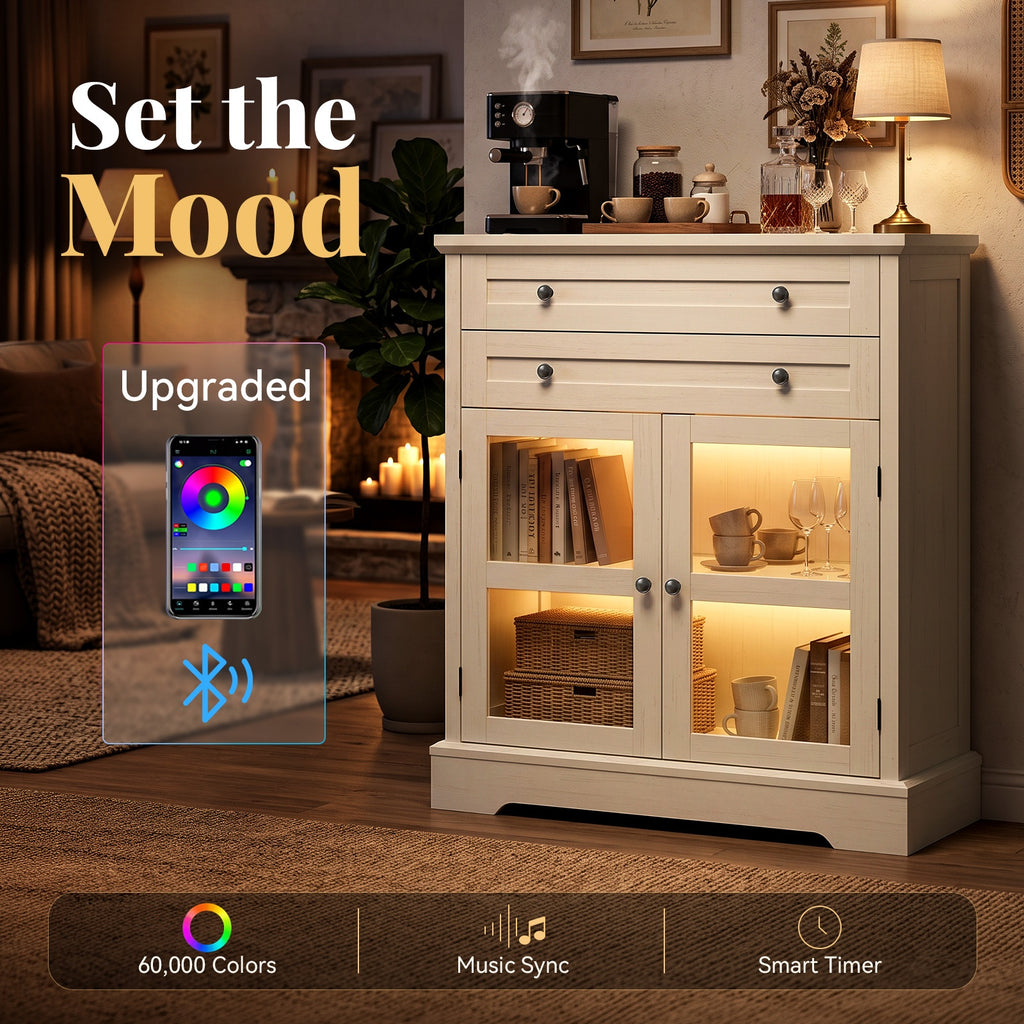 31.5"Storage Cabinet with Glass Doors, Drawers and Power Outlet