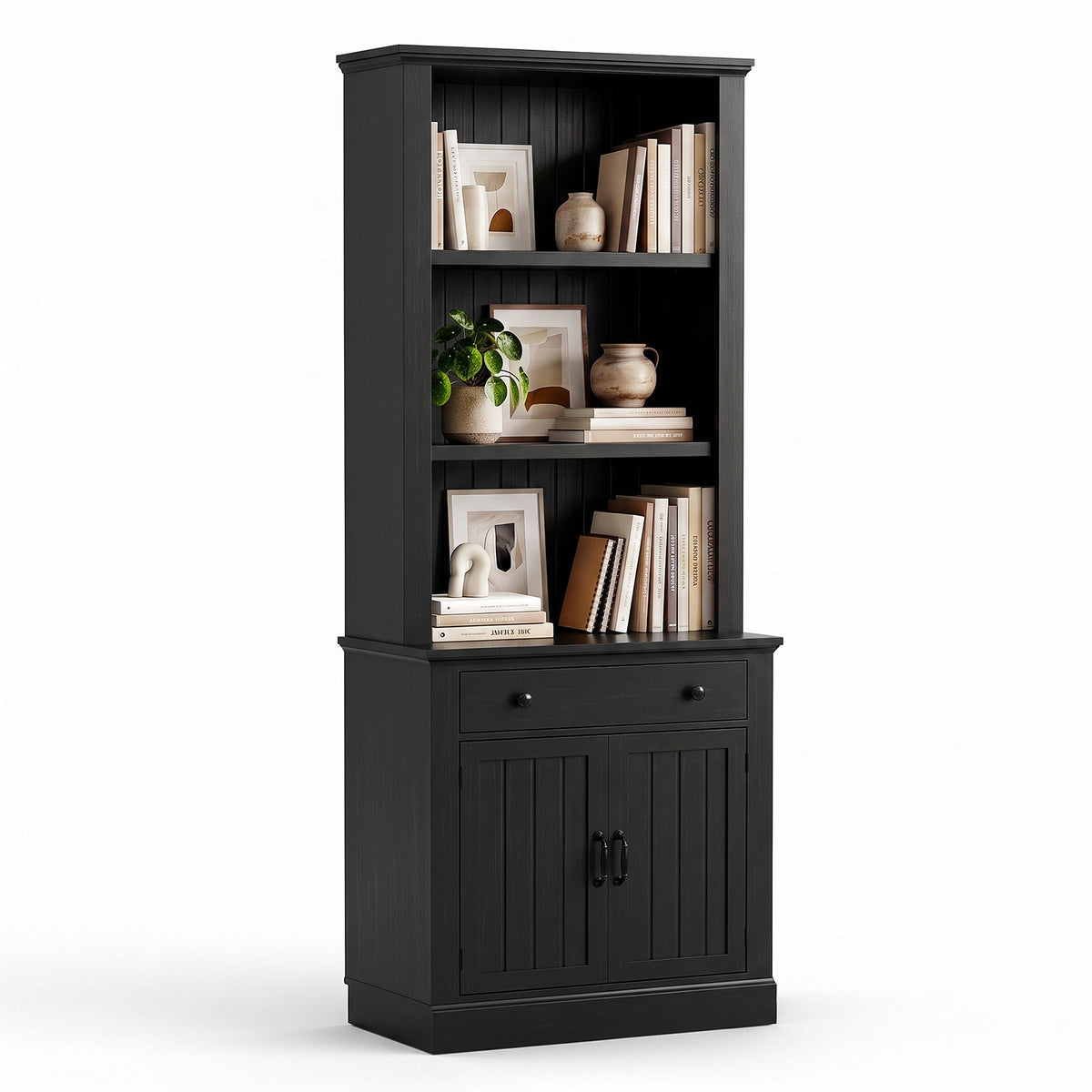 Topfurny 80" Tall Bookcase with Drawer and Doors, Farmhouse Bookshelf