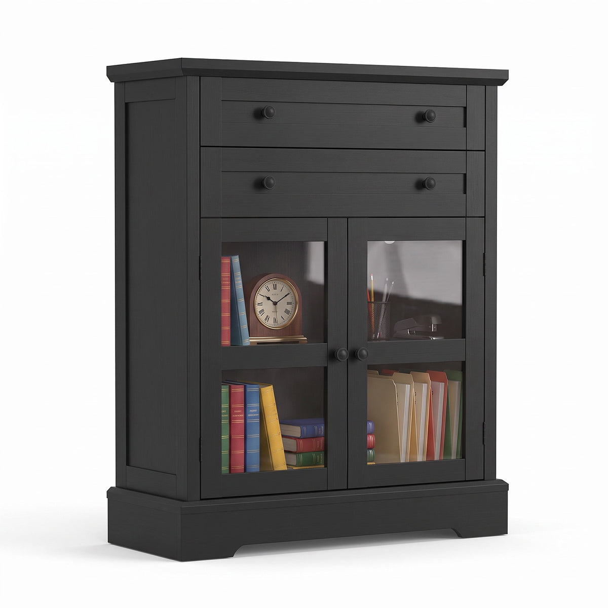 31.5"Storage Cabinet with Glass Doors, Drawers and Power Outlet