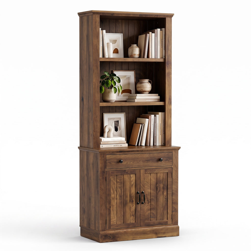 Topfurny 80" Tall Bookcase with Drawer and Doors, Farmhouse Bookshelf