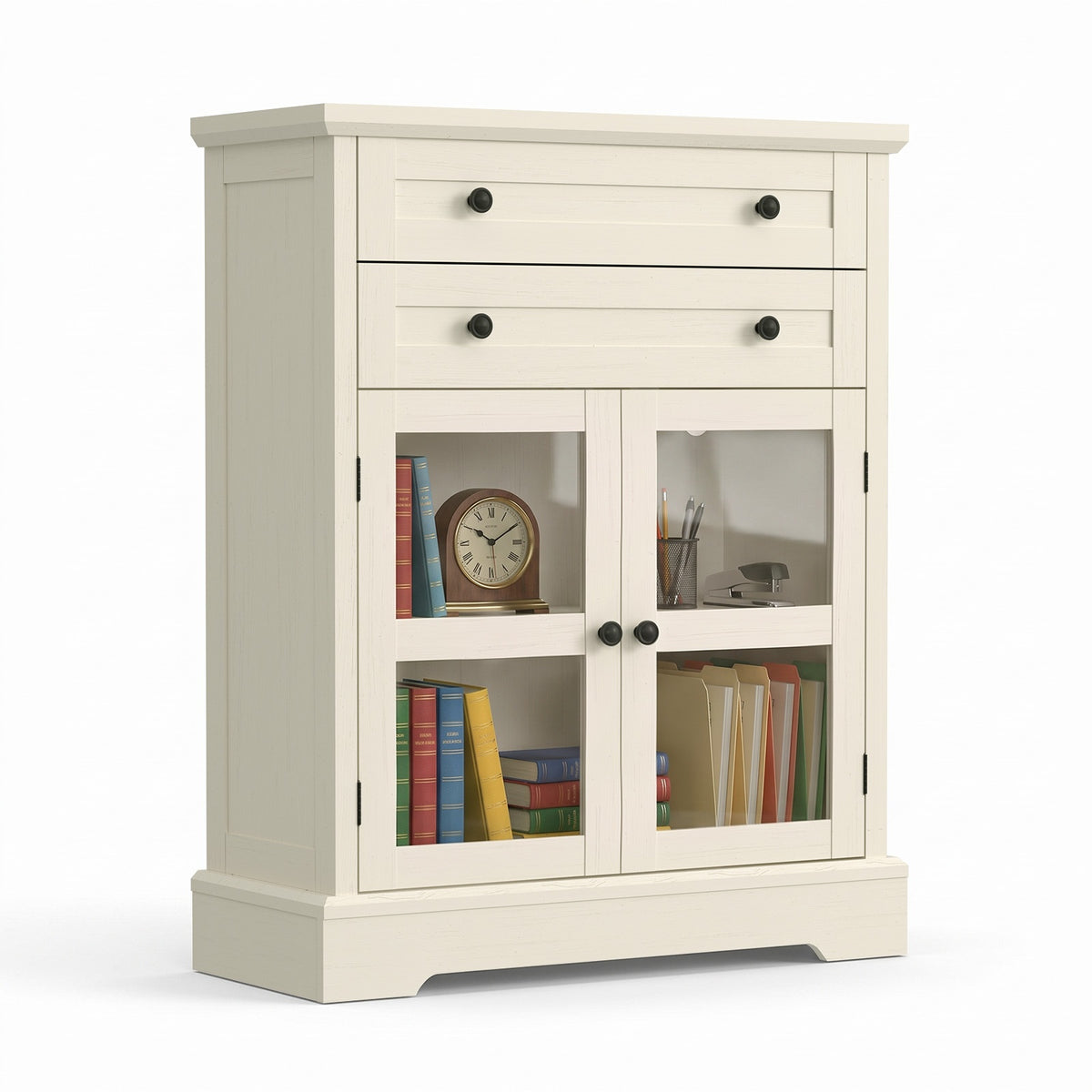 31.5"Storage Cabinet with Glass Doors, Drawers and Power Outlet