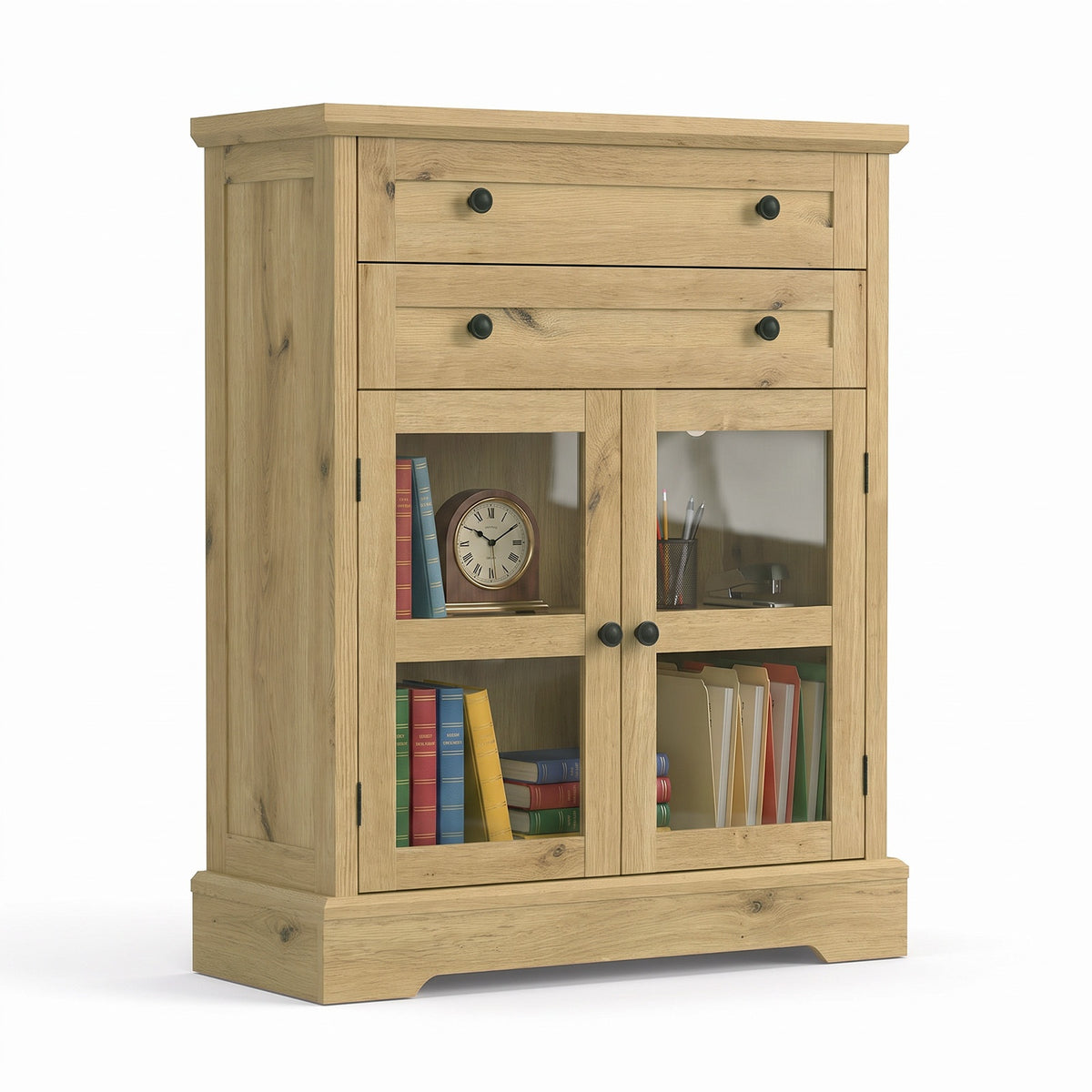 31.5"Storage Cabinet with Glass Doors, Drawers and Power Outlet