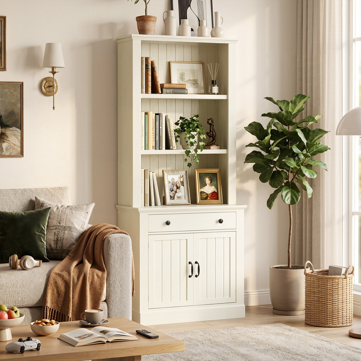 Topfurny 80" Tall Bookcase with Drawer and Doors, Farmhouse Bookshelf