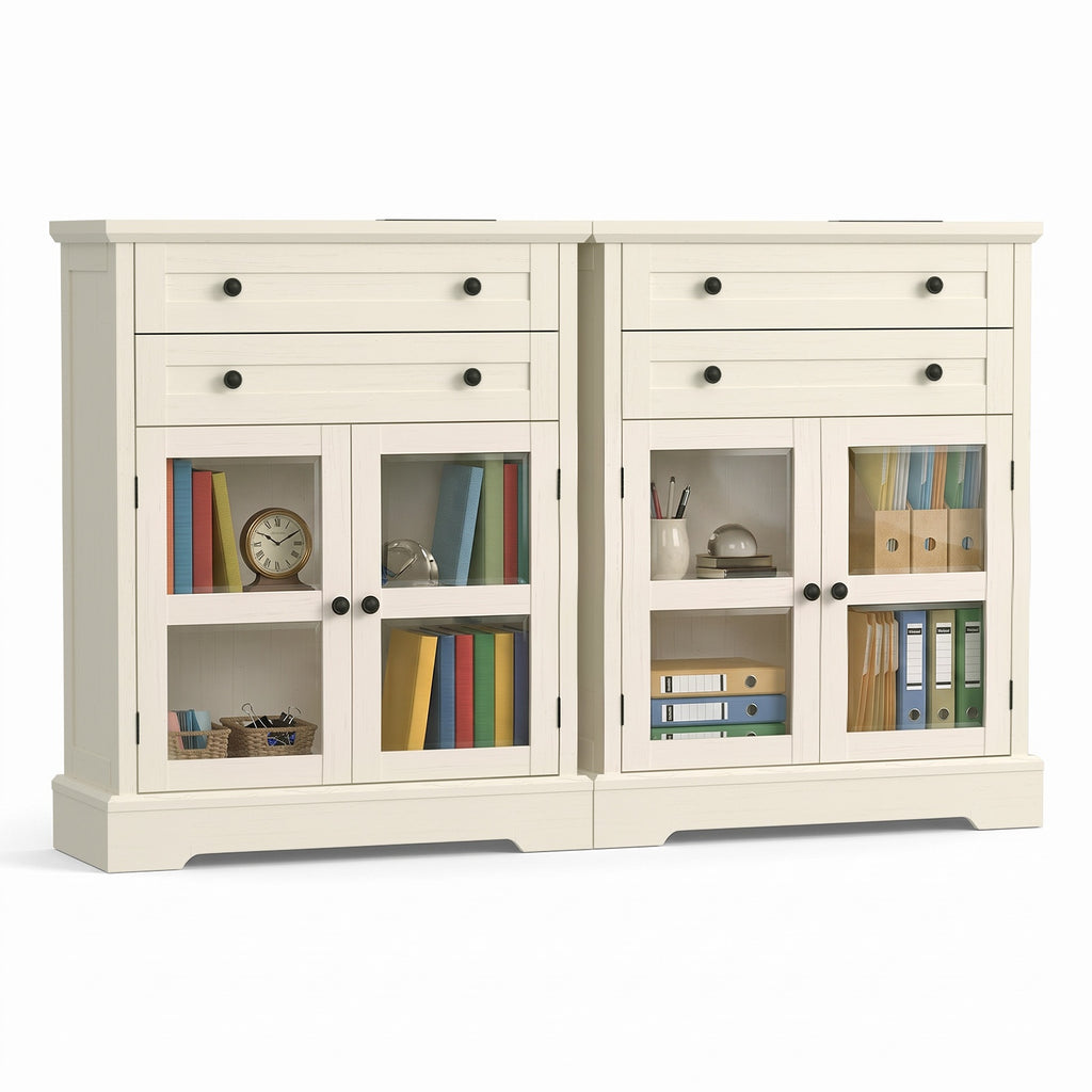 31.5"Storage Cabinet with Glass Doors, Drawers and Power Outlet