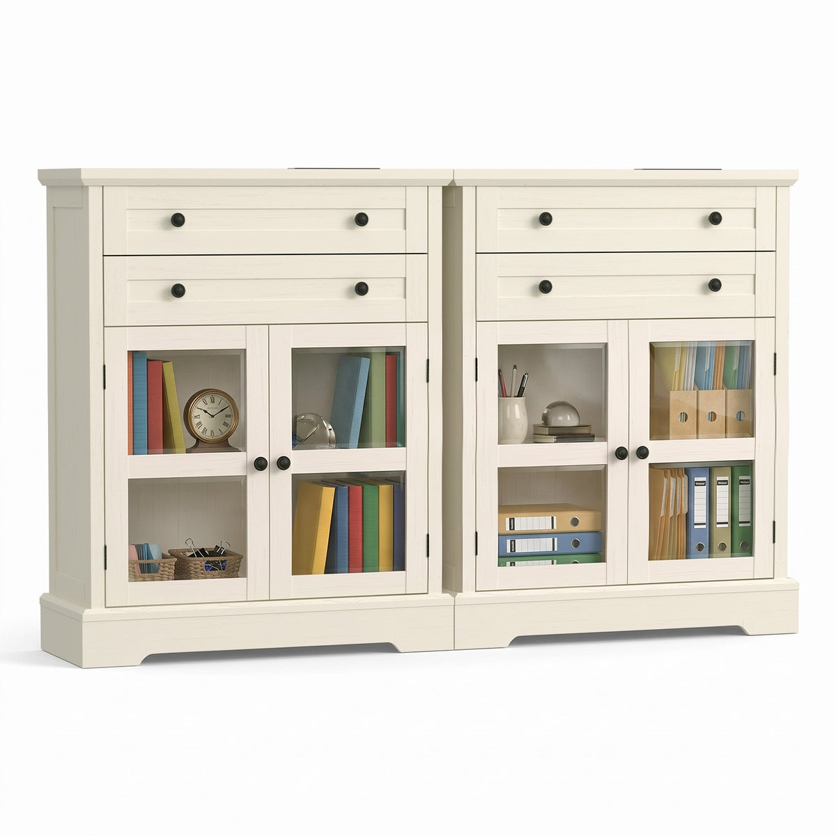 31.5"Storage Cabinet with Glass Doors, Drawers and Power Outlet
