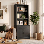 Topfurny 80" Tall Bookcase with Drawer and Doors, Farmhouse Bookshelf