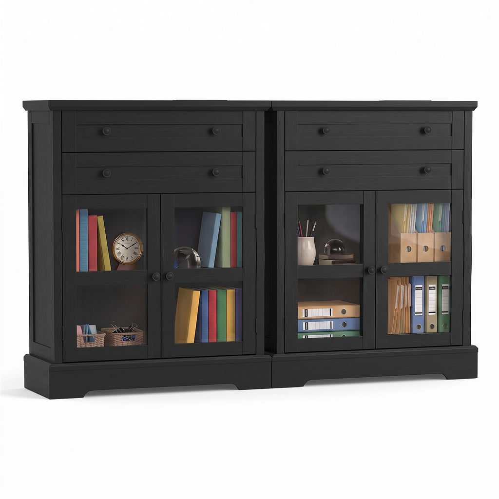 31.5"Storage Cabinet with Glass Doors, Drawers and Power Outlet