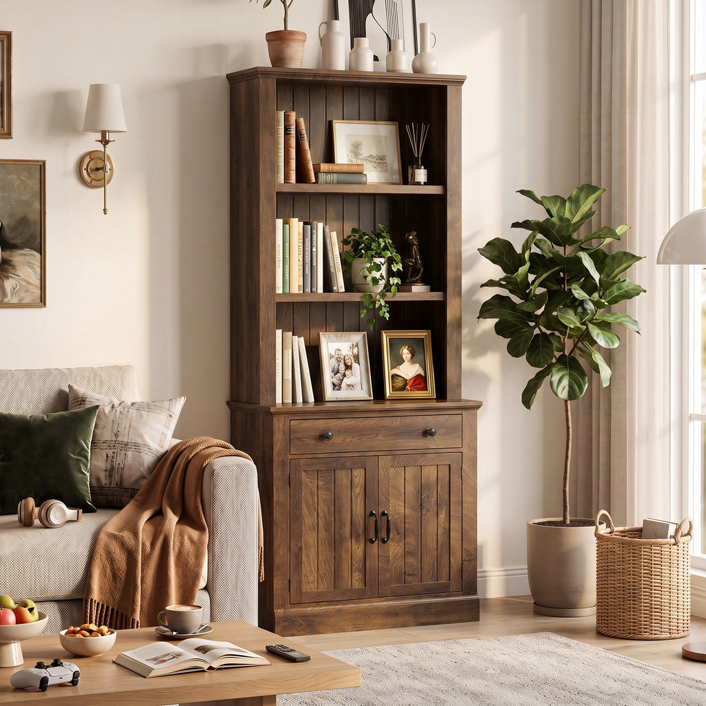 Topfurny 80" Tall Bookcase with Drawer and Doors, Farmhouse Bookshelf