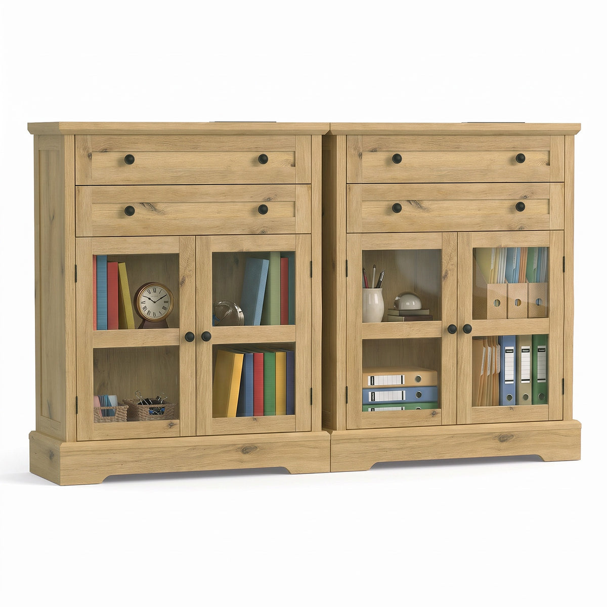 31.5"Storage Cabinet with Glass Doors, Drawers and Power Outlet