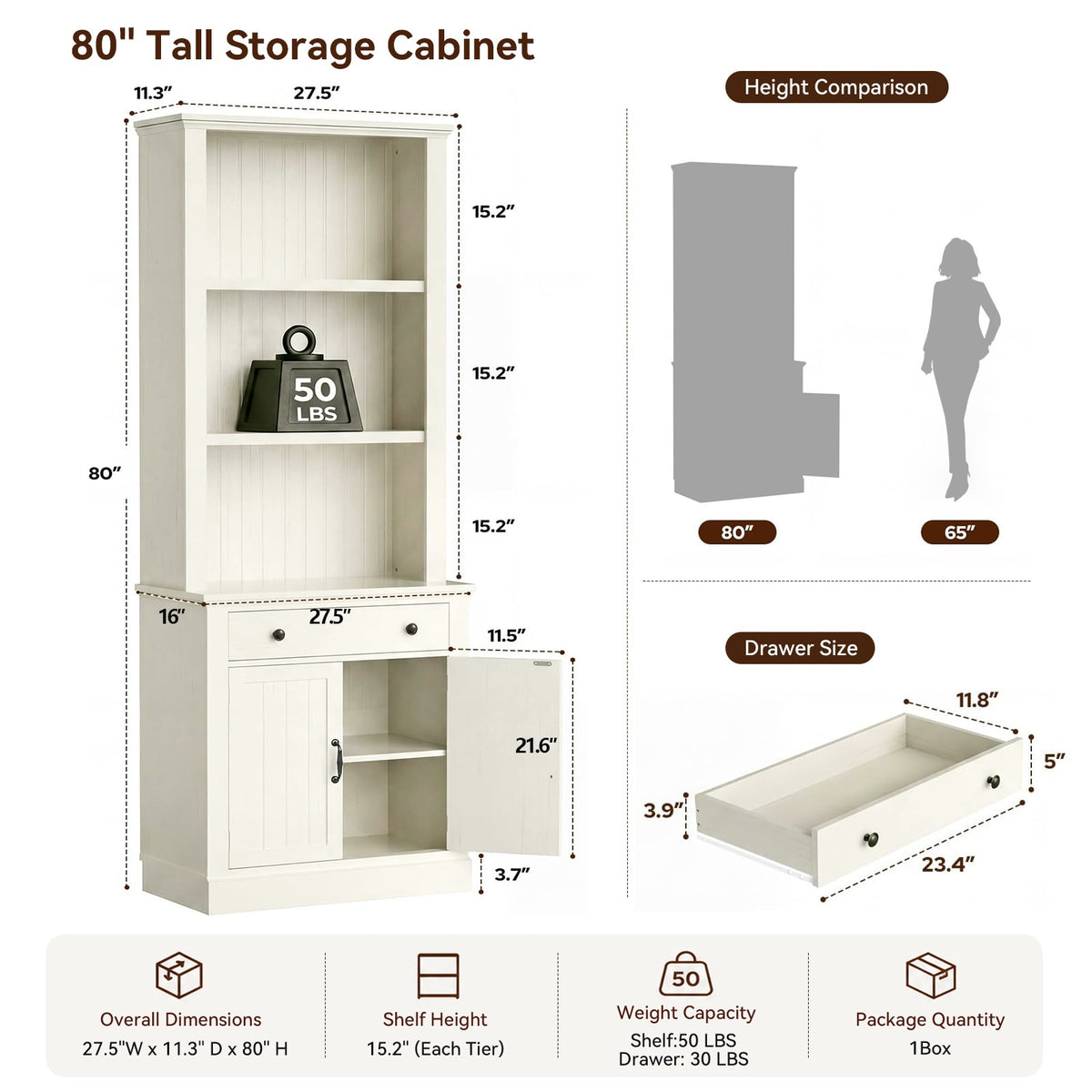 Topfurny 80" Tall Bookcase with Drawer and Doors, Farmhouse Bookshelf