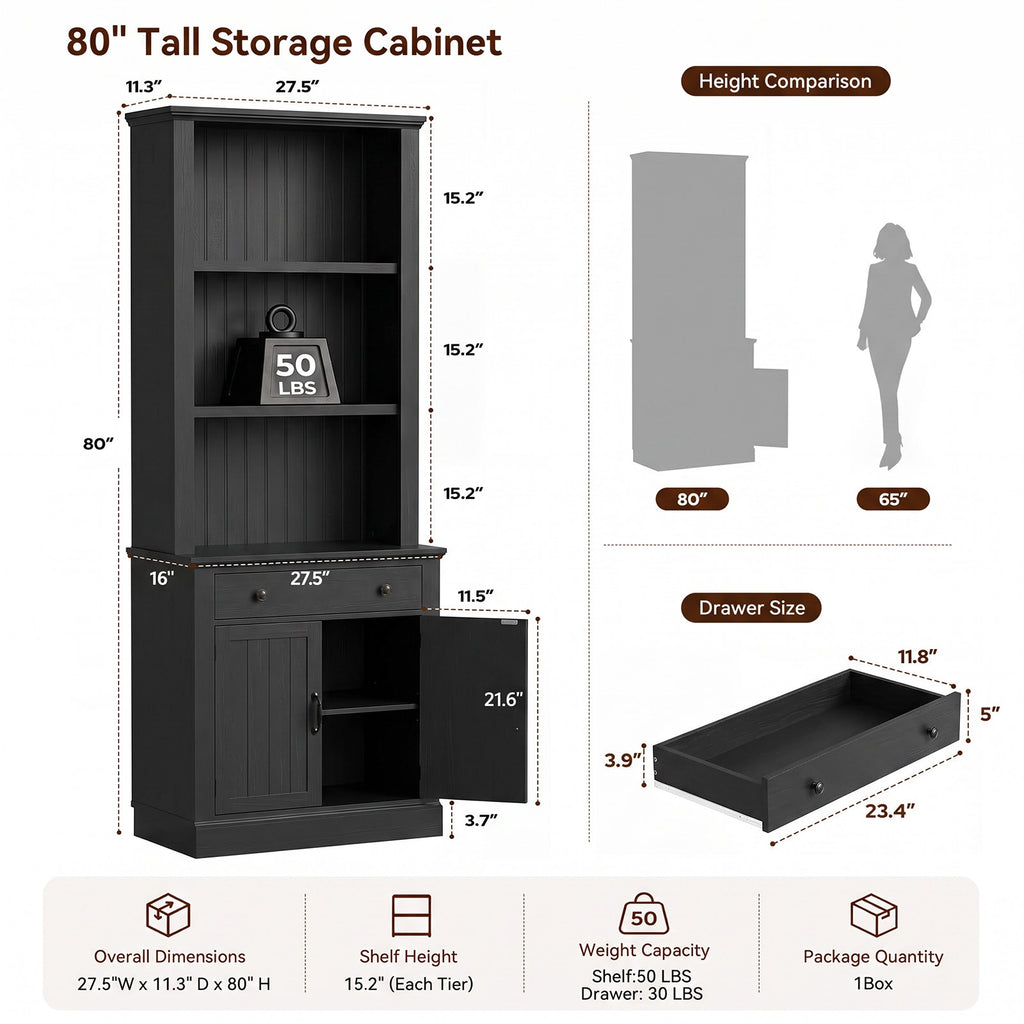 Topfurny 80" Tall Bookcase with Drawer and Doors, Farmhouse Bookshelf