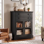 31.5"Storage Cabinet with Glass Doors, Drawers and Power Outlet