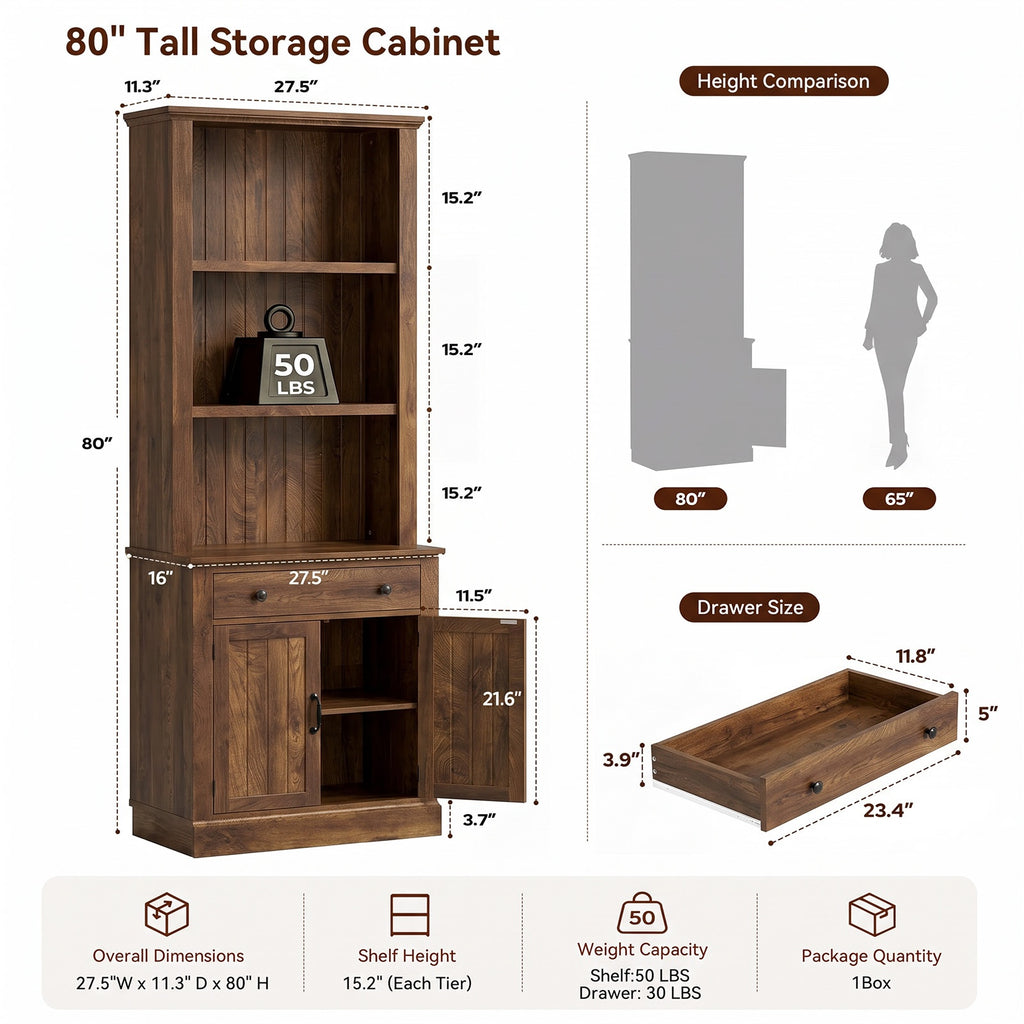 Topfurny 80" Tall Bookcase with Drawer and Doors, Farmhouse Bookshelf