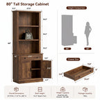 Topfurny 80" Tall Bookcase with Drawer and Doors, Farmhouse Bookshelf