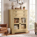 31.5"Storage Cabinet with Glass Doors, Drawers and Power Outlet