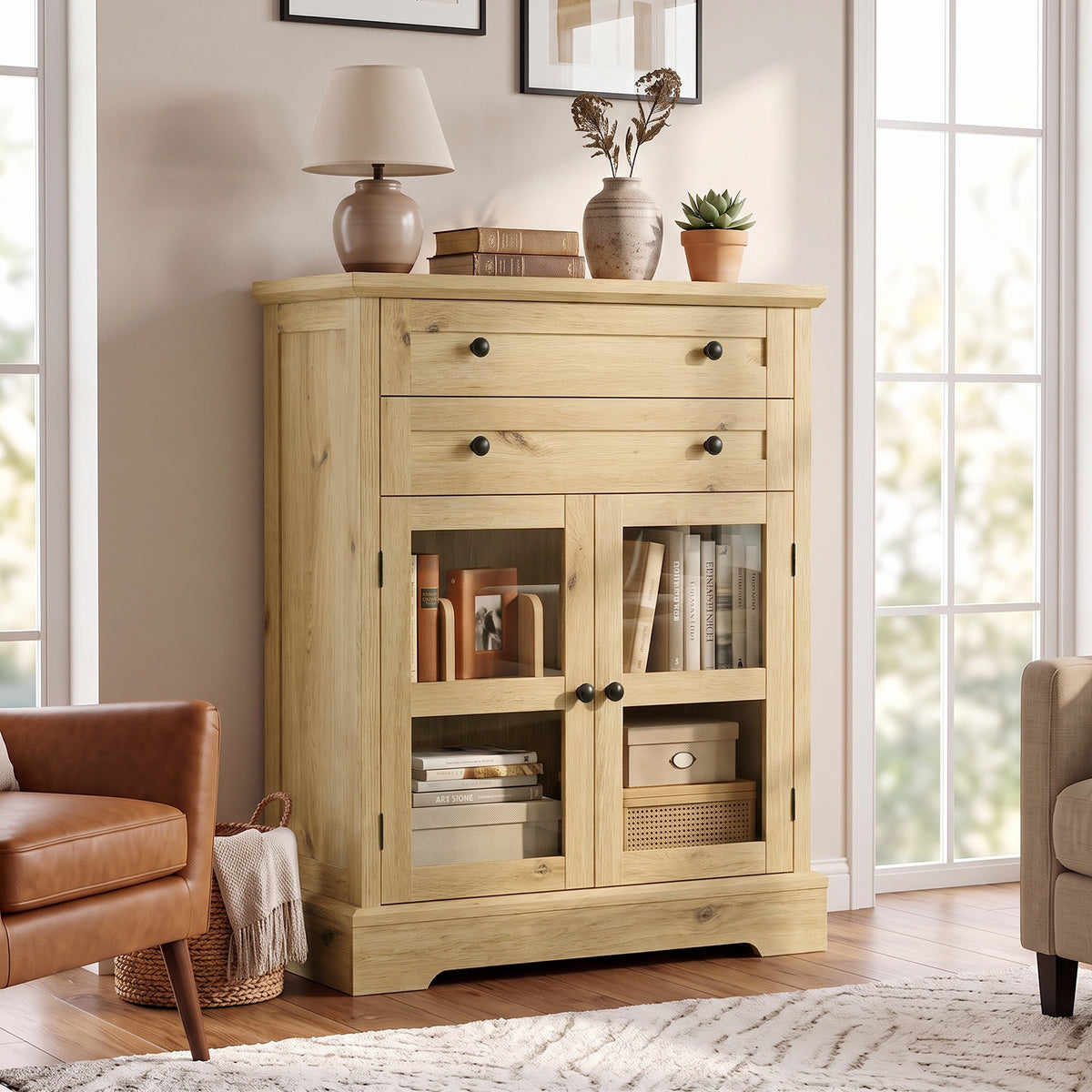 31.5"Storage Cabinet with Glass Doors, Drawers and Power Outlet