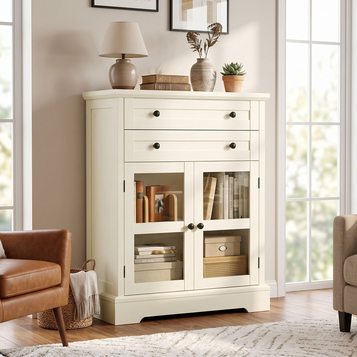 31.5"Storage Cabinet with Glass Doors, Drawers and Power Outlet