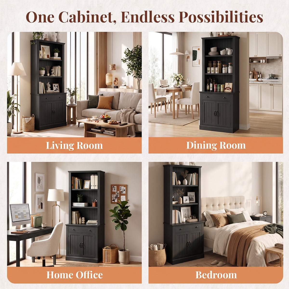 Topfurny 80" Tall Bookcase with Drawer and Doors, Farmhouse Bookshelf