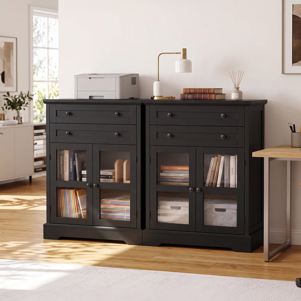 31.5"Storage Cabinet with Glass Doors, Drawers and Power Outlet