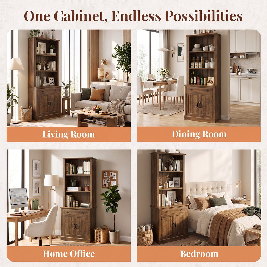 Topfurny 80" Tall Bookcase with Drawer and Doors, Farmhouse Bookshelf