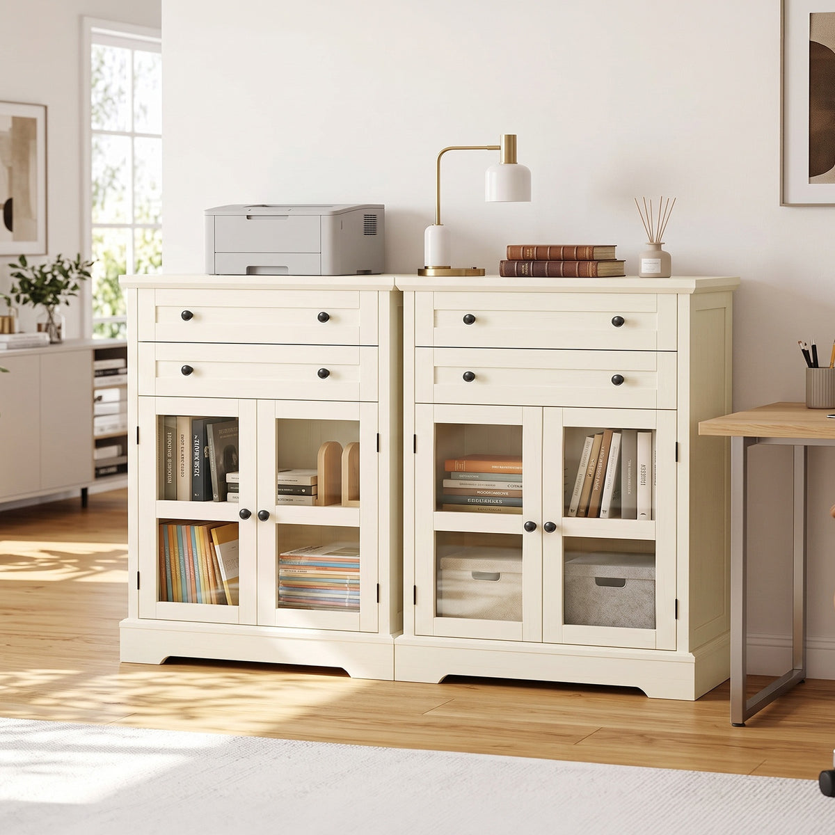 31.5"Storage Cabinet with Glass Doors, Drawers and Power Outlet