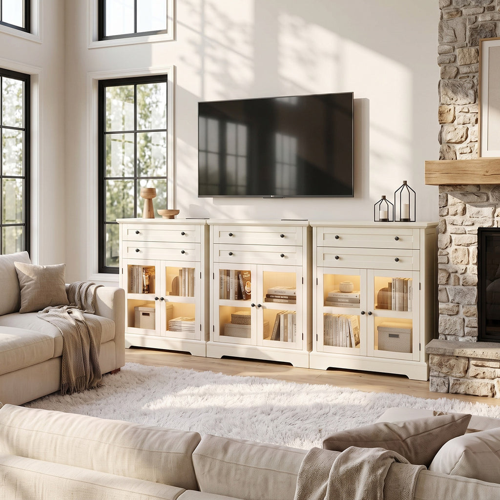 31.5"Storage Cabinet with Glass Doors, Drawers and Power Outlet