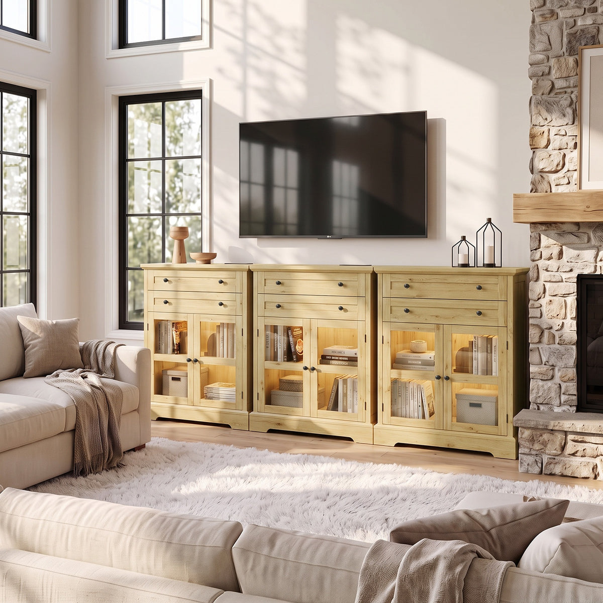31.5"Storage Cabinet with Glass Doors, Drawers and Power Outlet