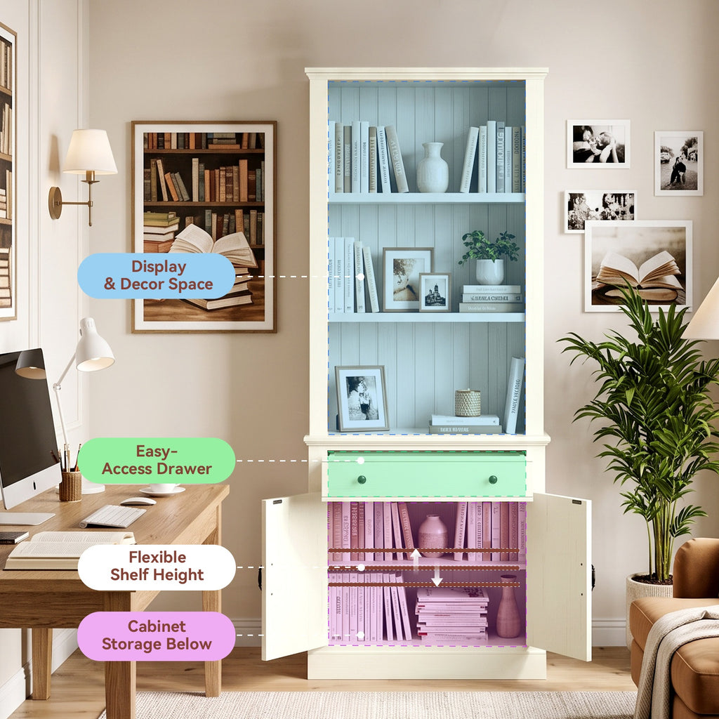 Topfurny 80" Tall Bookcase with Drawer and Doors, Farmhouse Bookshelf