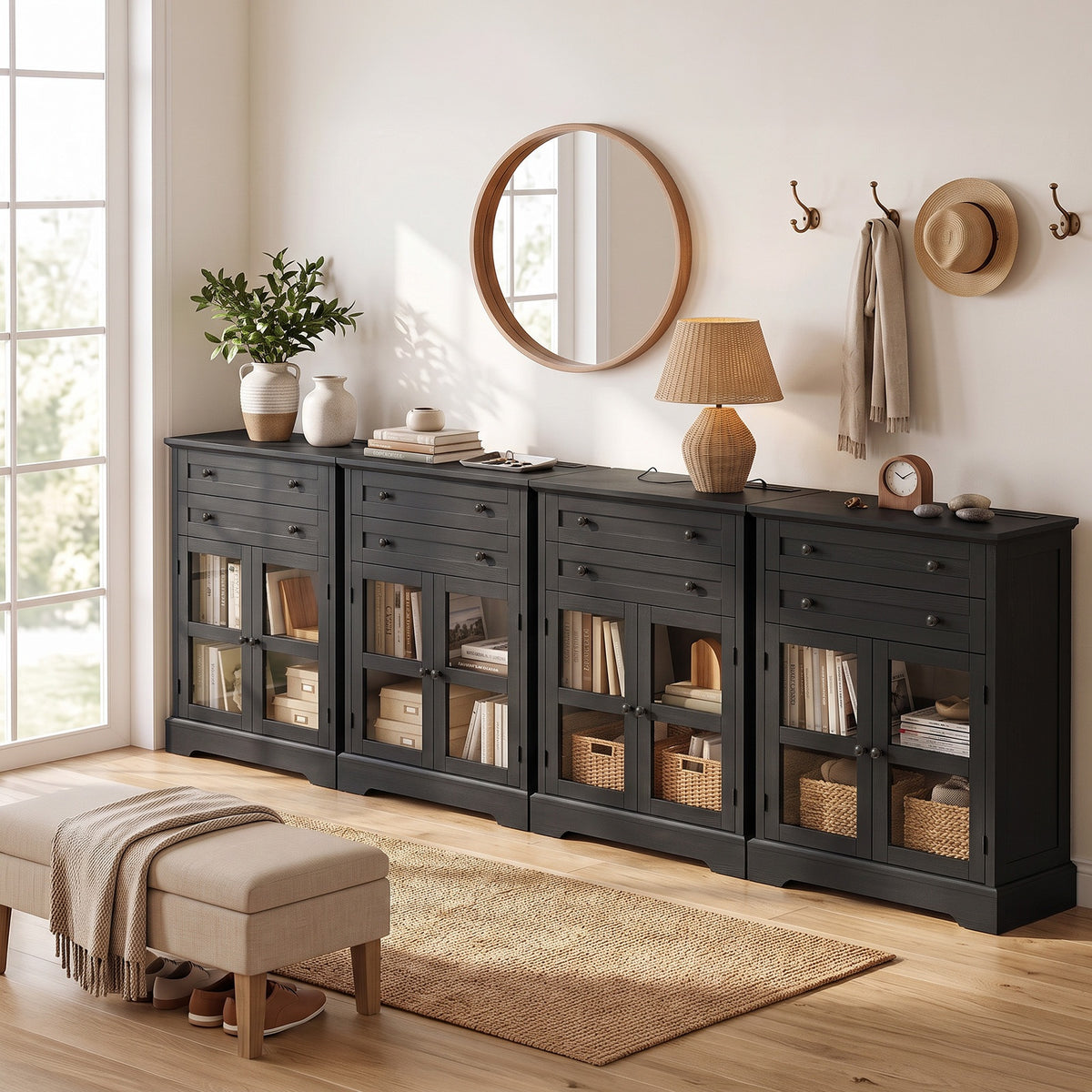 31.5"Storage Cabinet with Glass Doors, Drawers and Power Outlet