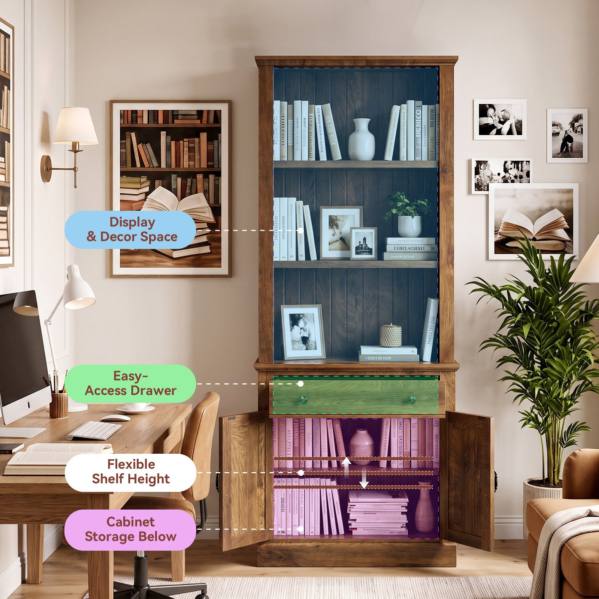Topfurny 80" Tall Bookcase with Drawer and Doors, Farmhouse Bookshelf